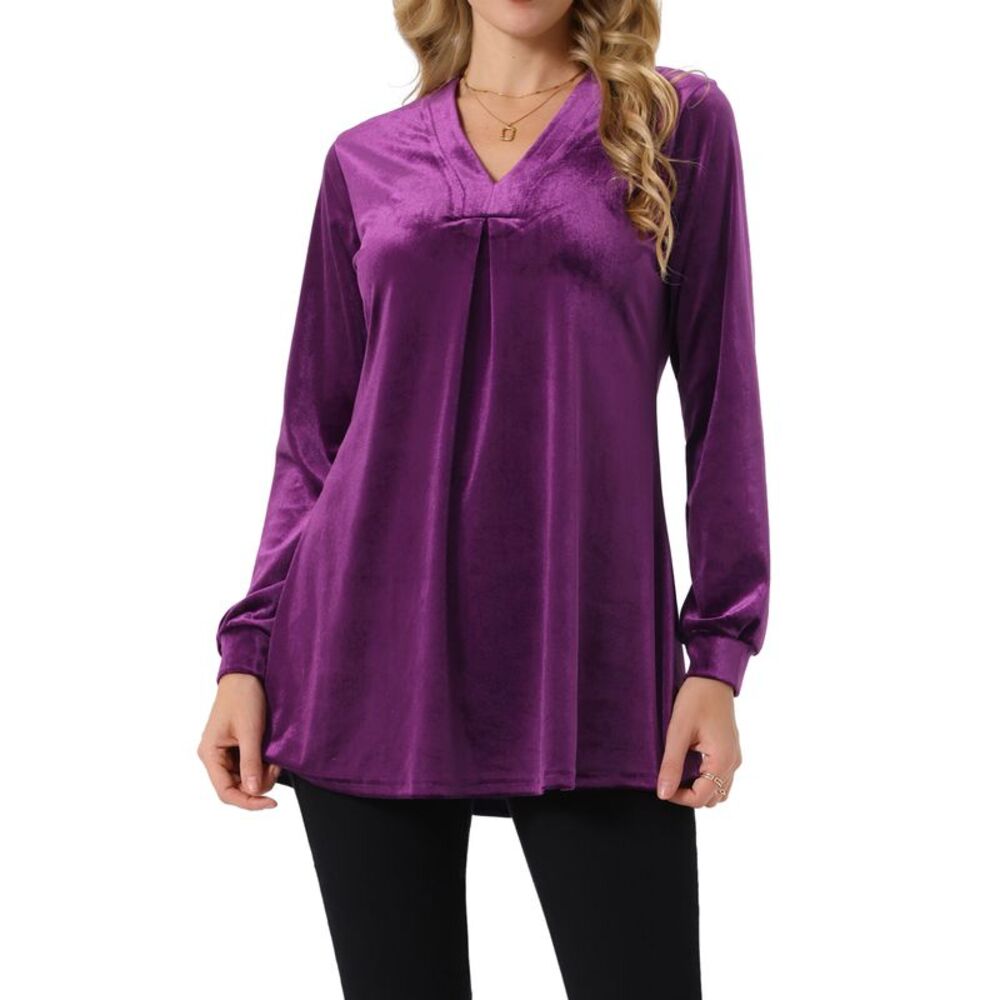 Velvet Top V Neck Long Sleeves Solid Casual Tunic Blouse T-Shirt Purple